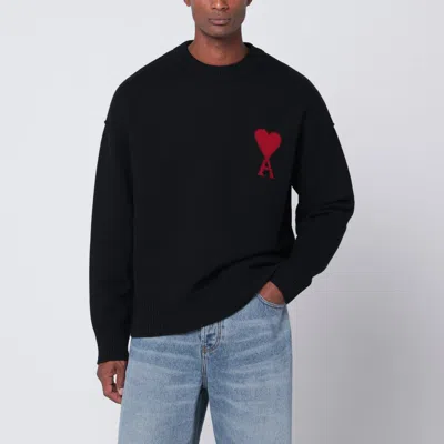 Ami Alexandre Mattiussi Relaxed Fit Black Wool Turtleneck Sweater With Graphic Heart Motif In Black