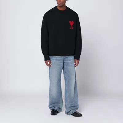 Ami Alexandre Mattiussi Relaxed Fit Black Wool Turtleneck Sweater With Graphic Heart Motif In Black