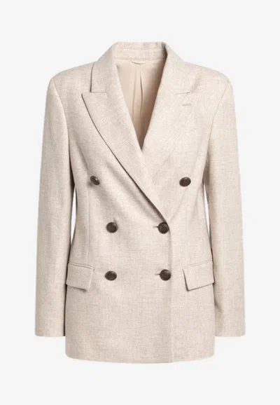 Brunello Cucinelli Double-breasted Jacket With Luxurious Cotton-wool Blend And Elegant Detailing In Sand