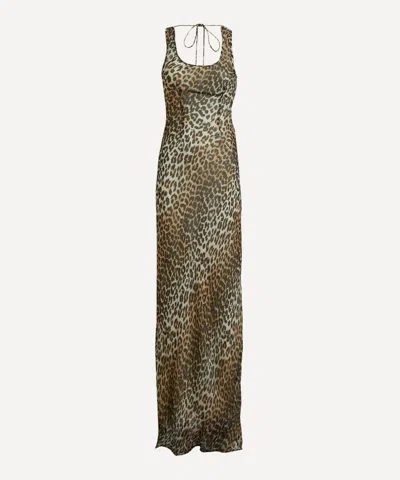 Ganni Animal Print Scoop Neckline Floor-length Dress In Brown