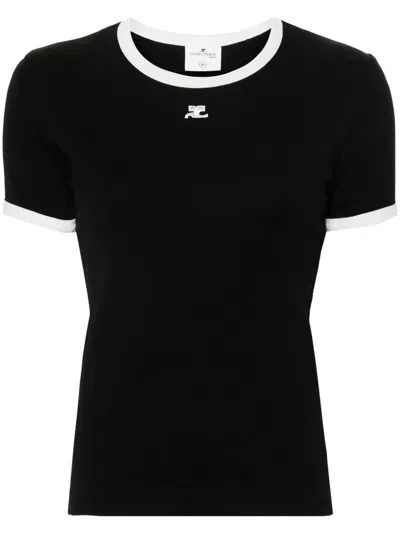 Courrèges Signature Contrast Cotton T-shirt In Black