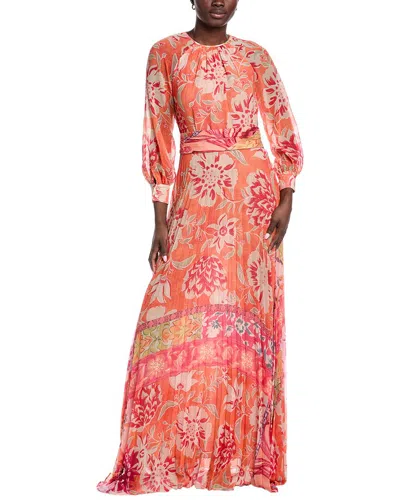 Teri Jon Chiffon Floral Geometric Pleated Maxi Gow In Orange