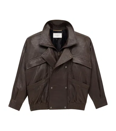 Saint Laurent Brown Bomber Jacket With Mandarin Collar And Elastic Waist In Leather Woman In Black