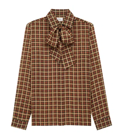Saint Laurent Wool Shirt Jacket Bow Detail Checks In Brown