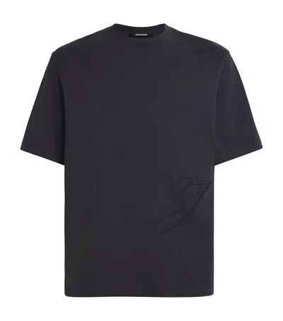 Jacquemus Mens Dark Navy Logo-embroidered Cotton T-shirt In Black
