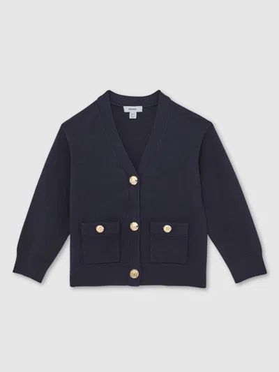 Reiss Navy 13-14 Yrs Knitted Embossed-button Cardigan In Black