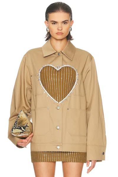 Area Crystal Trim Heart Cutout Cargo Jacket In Neutral