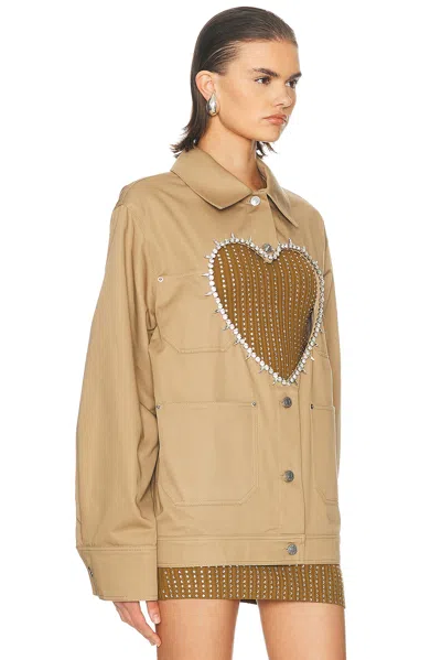 Area Crystal Trim Heart Cutout Cargo Jacket In Neutral