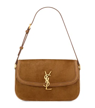 Saint Laurent Solferino Medium Ysl Shoulder Bag In Suede In Sand