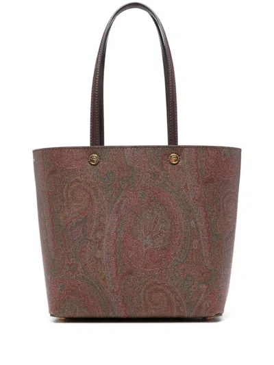 Etro Dark Brown Paisley Fabric Shopping L Bag In Brown