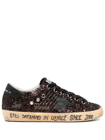 Golden Goose Glitter Star Patch Sneakers With Eyelet Accents In Black