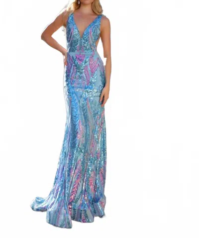 Nox Anabel Sequin Embellished Plunging V-neck Prom Gown In Blue In Blue