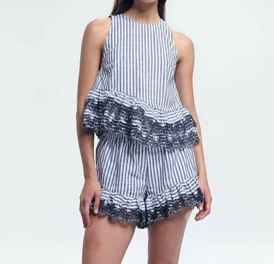 Kika Vargas Stripe Embroidered Trim Top In Navy In Multi