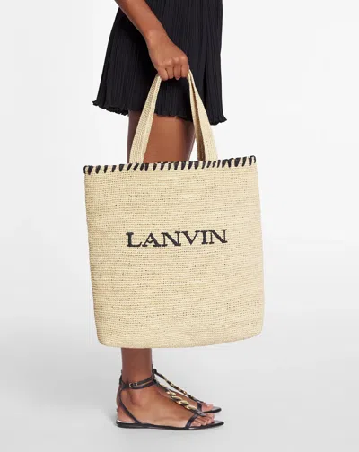 Lanvin Raffia Tote Bag Woven Texture In Blackwhite