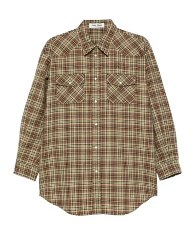 Miu Miu Checked Wool Long-sleeved Shirt In Multi