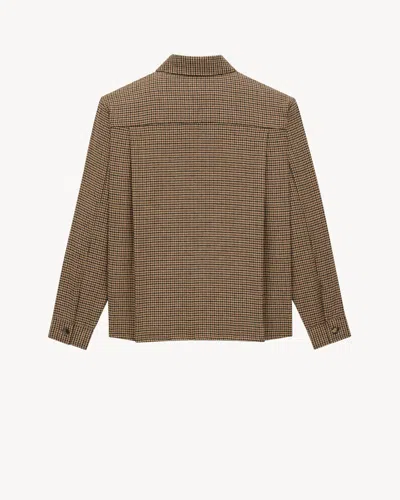 Saint Laurent Long Sleeve Checkered Overshirt Chest Pockets In Brown