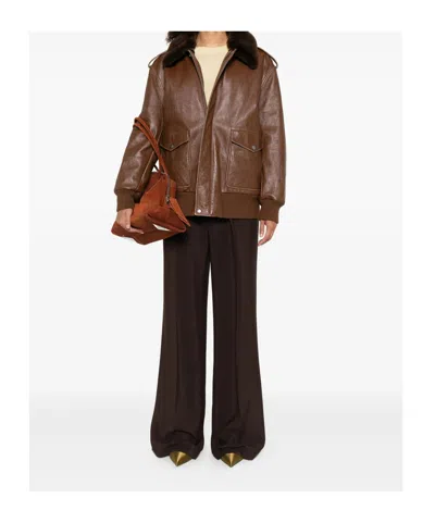 Prada Shearling-collar Leather Jacket In Brown