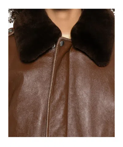 Prada Shearling-collar Leather Jacket In Brown