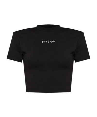 Palm Angels Cropped Black And White Logo T-shirt In Brown