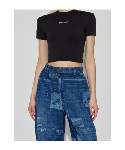 Palm Angels Cropped Black And White Logo T-shirt In Brown