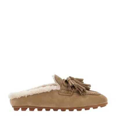 Hogan H693 Shearling-lined Leather Mules In Sand