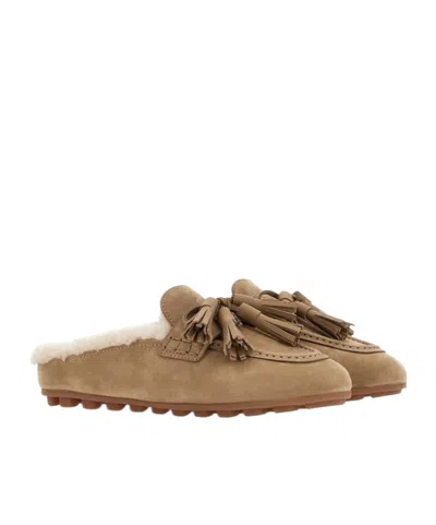 Hogan H693 Shearling-lined Leather Mules In Sand