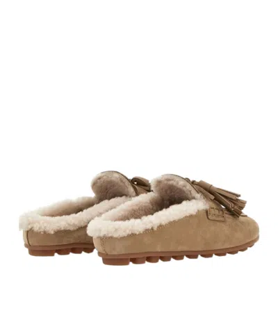 Hogan H693 Shearling-lined Leather Mules In Sand