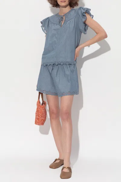 Ulla Johnson Elowen Belted Tulle-trimmed Embroidered Cotton-chambray Shorts In Blue