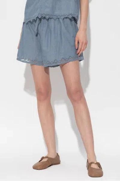 Ulla Johnson Elowen Belted Tulle-trimmed Embroidered Cotton-chambray Shorts In Blue