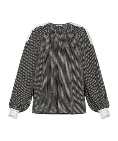 Chloé Micro Check Silk Long-sleeve Blouse In Gray