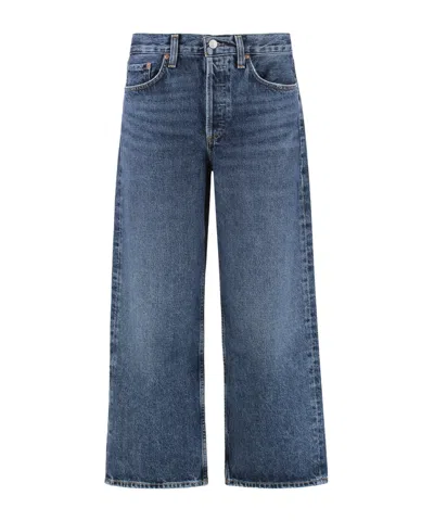 Agolde Wide-leg Denim Trousers With Metal Buttons In Blue