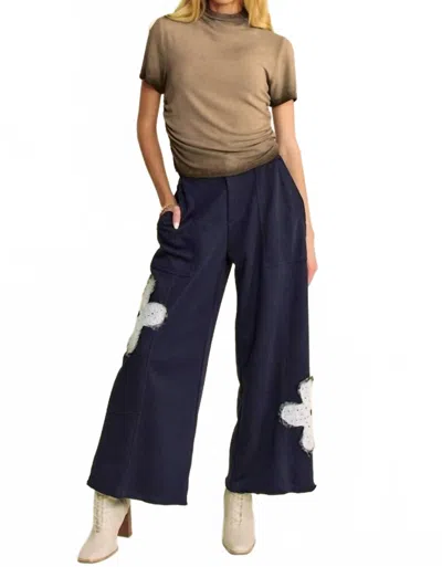 Davi & Dani Plus Floral Patch Pocket Elastic Terry Pants In Ink In Blue