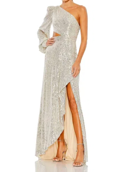 Mac Duggal Sequined One Shoulder Cut Out Gown In Silver