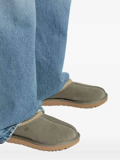 Ugg Tasman Wool-blend Fleece-lined Embroidered Suede Slippers In Green