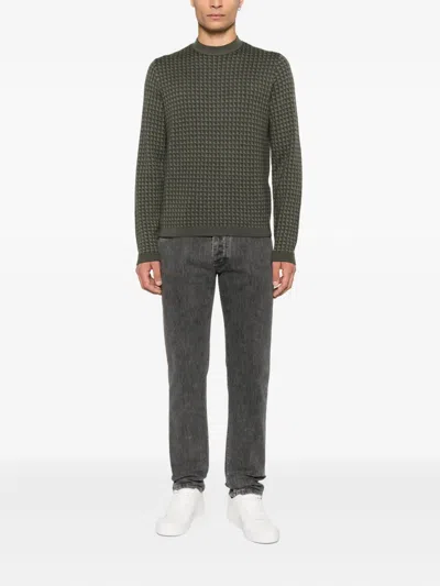 Emporio Armani Textured Wool Crewneck Jumper With Ribbed Cuffs In Gray