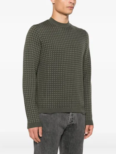 Emporio Armani Textured Wool Crewneck Jumper With Ribbed Cuffs In Gray