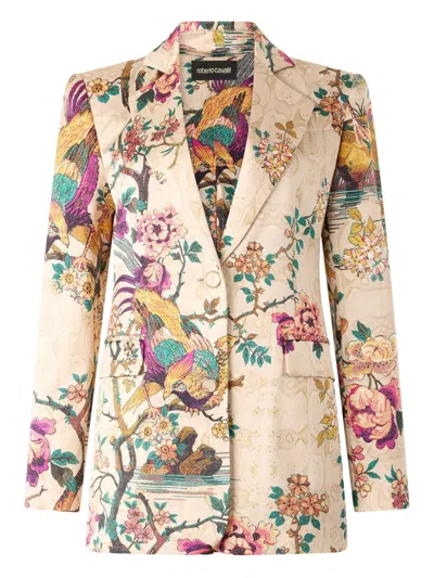 Roberto Cavalli Silk Jacket With Flower And Pheasant Print In Metallic