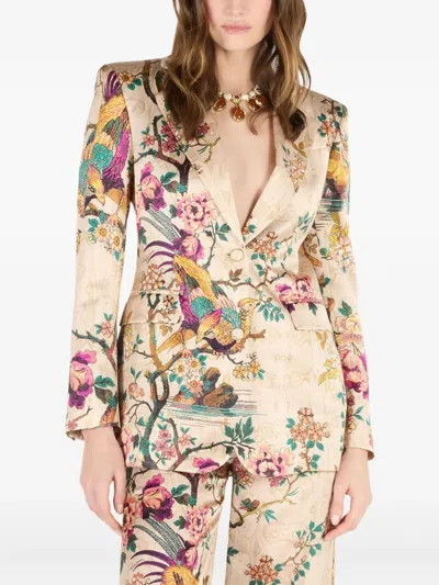 Roberto Cavalli Silk Jacket With Flower And Pheasant Print In Metallic