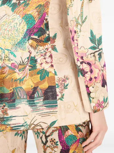 Roberto Cavalli Silk Jacket With Flower And Pheasant Print In Metallic