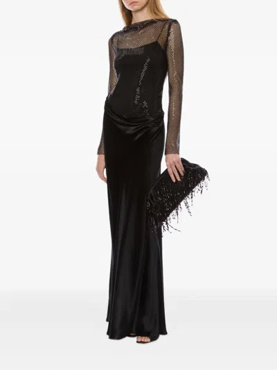 Alberta Ferretti Long Sleeve Maxi Dress With Mesh Overlay In Black