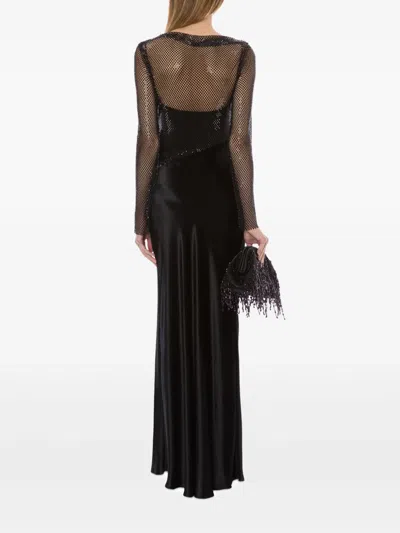 Alberta Ferretti Long Sleeve Maxi Dress With Mesh Overlay In Black