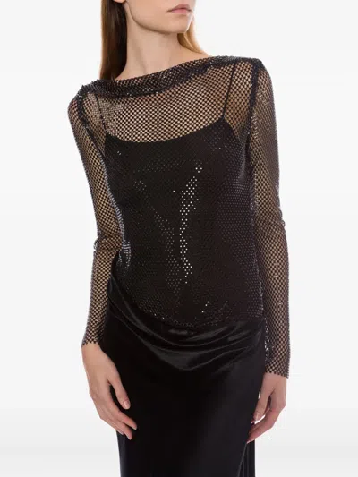 Alberta Ferretti Long Sleeve Maxi Dress With Mesh Overlay In Black