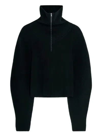 Lemaire High Collar Wool Sweater With Half-zip Closure In Black