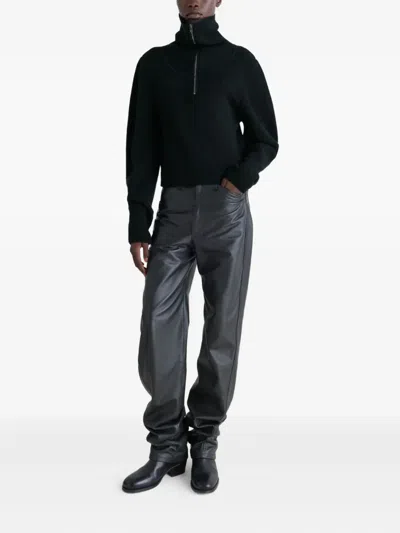 Lemaire High Collar Wool Sweater With Half-zip Closure In Black
