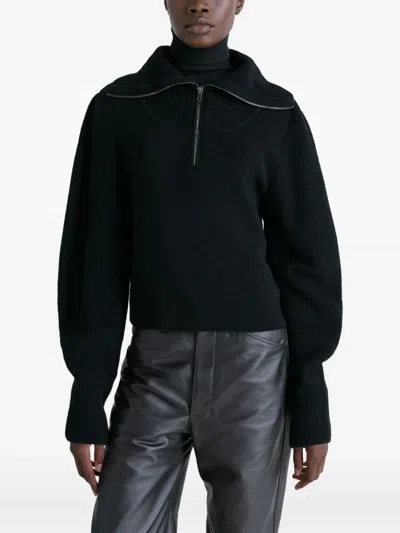 Lemaire High Collar Wool Sweater With Half-zip Closure In Black