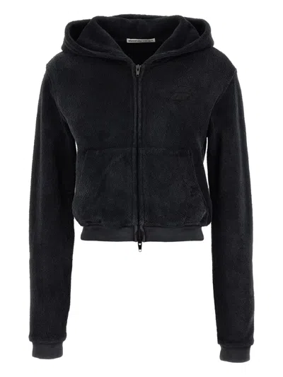 Alexander Wang Cropped Cotton Terry Sweatshirt With Zip-up Front In Black