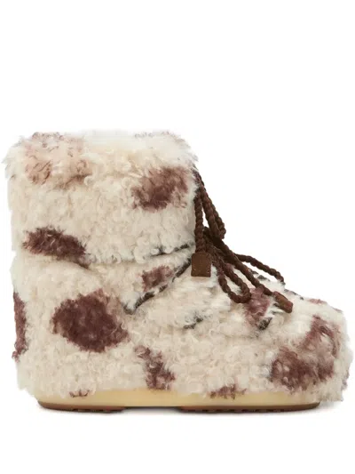 Moon Boot Icon Low Cow Print Curly Boots In White