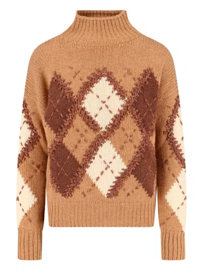 Ermanno Scervino Mock-neck Diamond-pattern Sweater In Brown