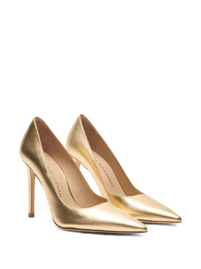 Stuart Weitzman 100mm Stuart Power Metallic-leather Pointed-toe Pumps In Silver