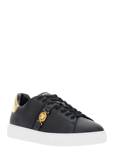 Versace Black Low Top Sneakers With Contrasting Heel With Logo Lettering And Medusa Plaque In Tech Fabric Ma In White